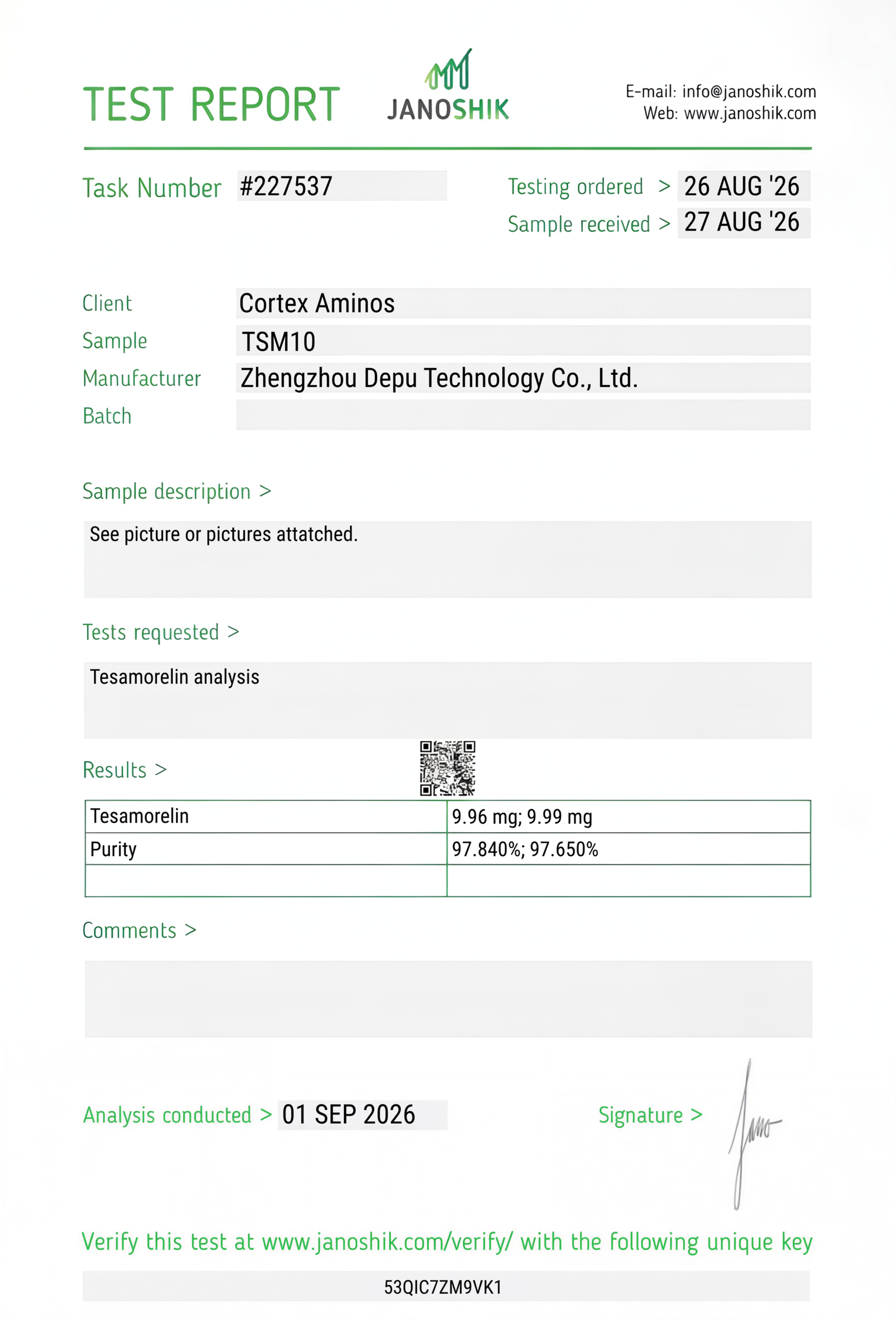 Tesamorelin COA lab report